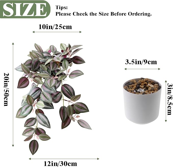 Fake Plants Indoor Artificial Hanging Plants with Pot, Potted Silk Greenery Faux Watermelon Peperomia Ivy Draping Plant for Home Office Desk Living Room Bedroom Wall Shelf Decor (Green, Purple)
