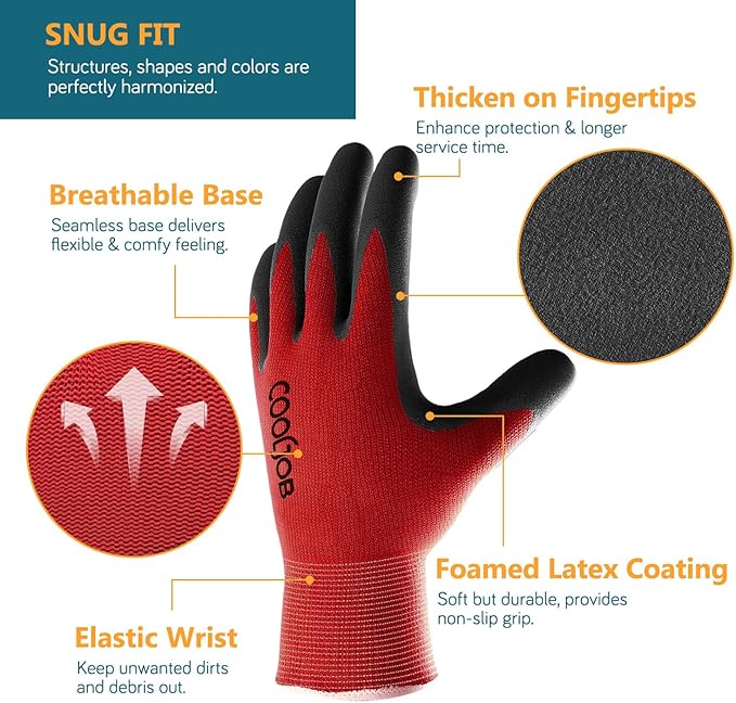 COOLJOB Gardening Gloves for Men, 6 Pairs Breathable Rubber Coated for Garden Weeding Landscaping, Outside Work for Lawn Yard, Men's Xlarge Size, Black & Red