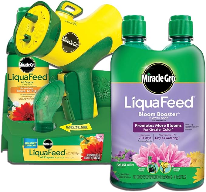 Miracle-Gro LiquaFeed All Purpose Plant Food Advance Starter Kit and Bloom Booster Flower Food Bundle: Feeding as Easy as Watering