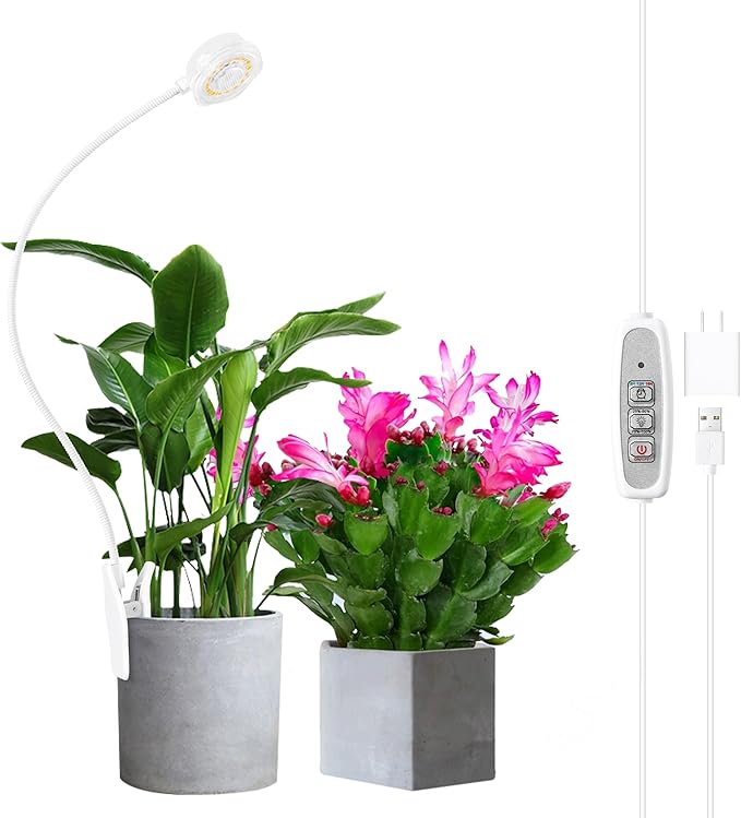 Hywyimlait Grow Lights for Indoor Small Plants, Pot Clip Plant Growing Lights, LED Full Spectrum, Grow Lamps with 4 Level Dimmable, Auto Timer 6/12/ 16 Hrs for Succulents, White 1 Pack