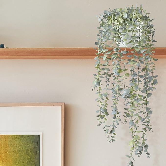 Decorative Hanging Plants for Shelf, Faux Ivy Eucalyptus Vine, Fake Greenery in White Pot with Lanyard (Full, Large Pot)