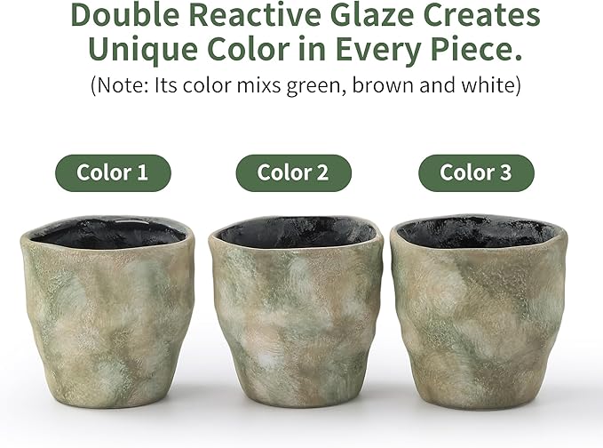 Modern Irregular Ceramic Planter Set of 2-4+6 Inch Unique Reactive Glaze Flower Pots with Drainage Holes & Saucers - Indoor Outdoor Decorative Succulent Orchid Pots, Light Green