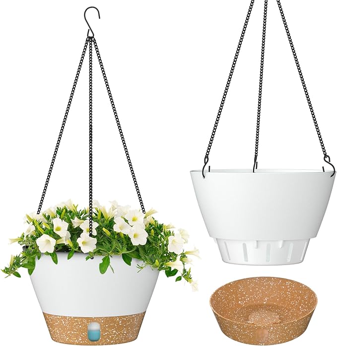 ZMTECH 2 Pack 8 Inch Hanging Planters for Indoor Plants, Modern White Hanging Planter with Visible Water Level Window & Removable Tray, Decorative Plant Hanger Indoor for Home Decor