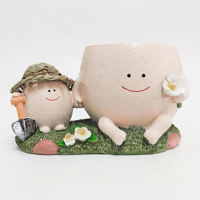 TEARS OF GAIA Lovely Face Planter Pot, Cute Resin Flower Head Planters with Drainage, for Mom, Funny Succulent Plant Lover Gift, Unique Gift Ideal for Plant Lovers (Parent-Child Time)