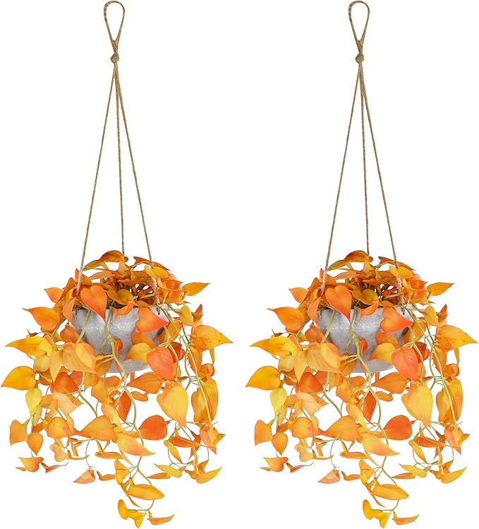 TNNTOPELE Autumn Fake Hanging Plants with Pot, 2 Pack Artificial Hanging Plants, Faux Anthurium Leaf Hanging Basket Plant for Wall Home Room Indoor Outdoor Office Decor