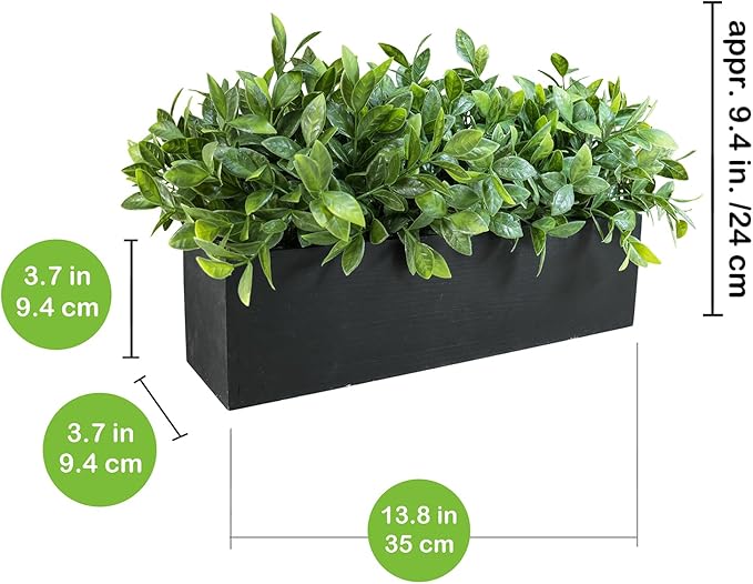 Winlyn 14" Artificial Boxwood Plant Greenery Arrangement Faux Boxwood in Black Rectangular Wooden Planter Potted Herb Plant for Farmhouse Home Decor Wedding Windowsill Mantel Shelf Table Centerpiece