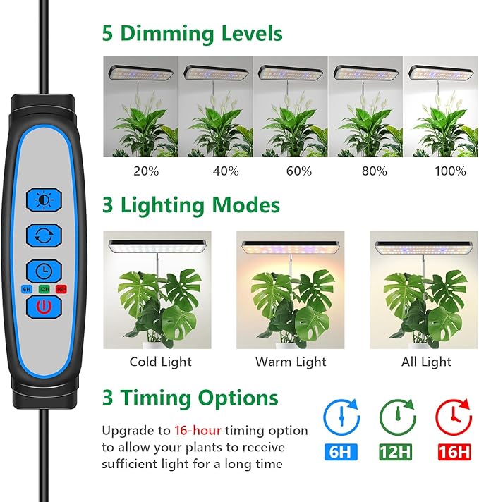 Aumtrly Plant Lights for Indoor Growing, Full Spectrum Grow Light 3 Pack with Base, 26 Inch Height Adjustable LED Grow Lamp with 6/12/16H Timer, 5 Dimming Levels, Ideal for Seeds Starting