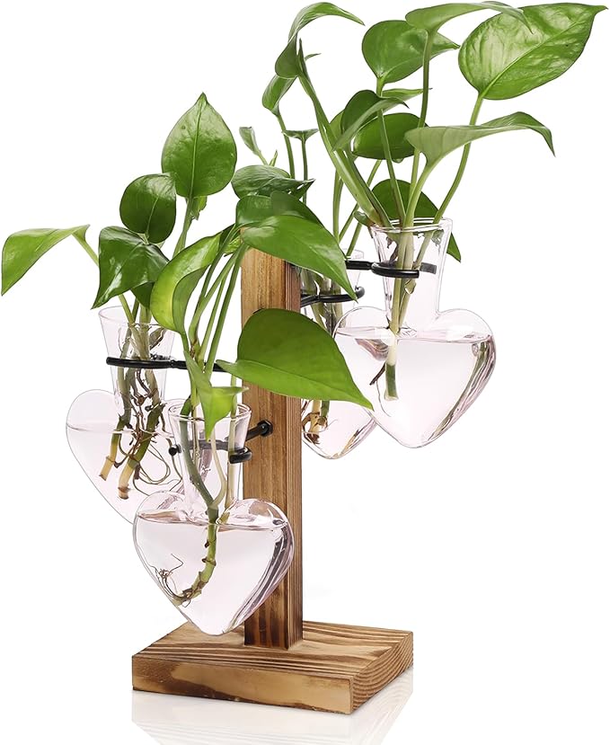 Plant Terrarium Propagation Stations with Wooden Stand, Glass Vase for Indoor Hydroponics Home Garden Office Decoration Gift for Women - 4 Love Bulb Vase
