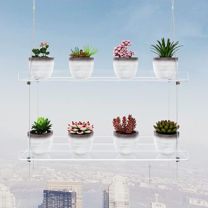 OtNiap 2-Tier Clear Hanging Window Plant Shelves 16inch,Indoor Windows Wall Hanging Plant Stand Flower Display,Flower Pot Organizer Storage for Window Grow Herbs,Microgreens,Succulents,Flower