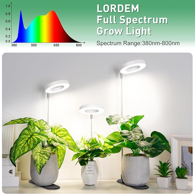 LORDEM Plant Grow Light, Full Spectrum Halo Desk Light, Height Adjustable 7.8"-26", LED Growing Lamp, Automatic Timer 4H/8H/12H, 4 Level Dimmable, Ideal for Indoor Plants, White, 2 Pack