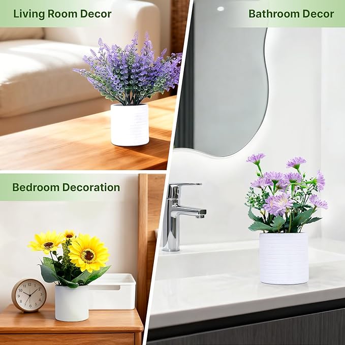 FGSAEOR Mini Potted Fake Plants, Small Artificial Greenery Plants Topiaries, Low Maintenance, Shelf Desk Room Table Office Home Decor (3-Pack) (White Pot - Purple Yellow)
