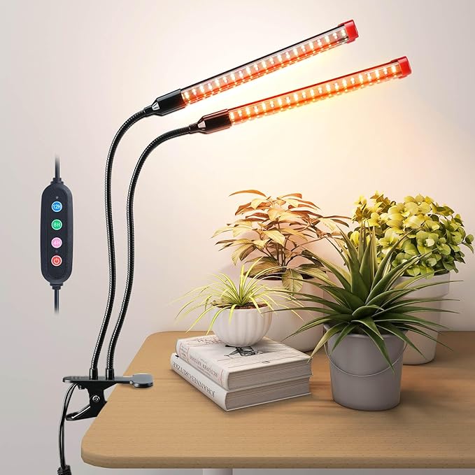 Small 2Head Clip Grow Lights for Indoor Plants, Seed Starting, Bonsai, Succulent, Bright Plant Growing Lamps, 4/8/12/16/20H Timer, 18 Watt Power Draw, NO Need Adapter
