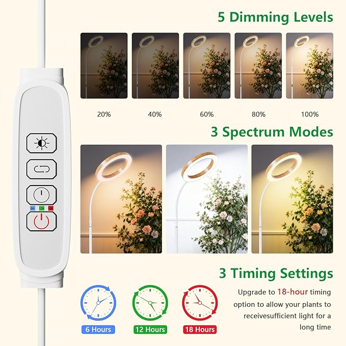 SDOVUERC Full Spectrum Grow Light with Stand for Indoor Plants, Floor Plant Light, 6/12/18H Timer, 3 Color Modes, Adjustable Height 16.5–68in, for Large Plants & Home Décor(1 Head,Faux Wood Grain)