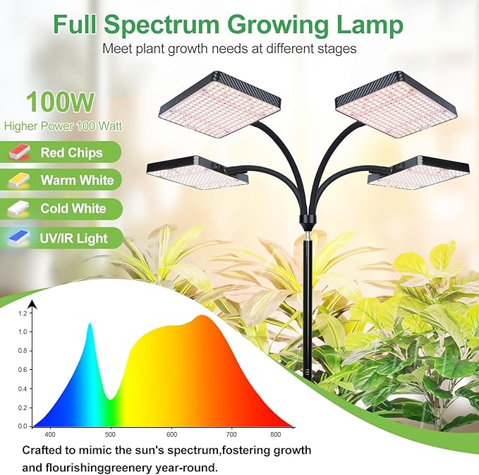 FRGROW 2026 4Head Full Spectrum Grow Light with Stand, 100 Watt Bright Grow Lights for Indoor Large Plants, Tall Bonsai Tree, Auto On/Off Daily Timer(4/8/12/16/20H), Adjustable Stand 24"-78"