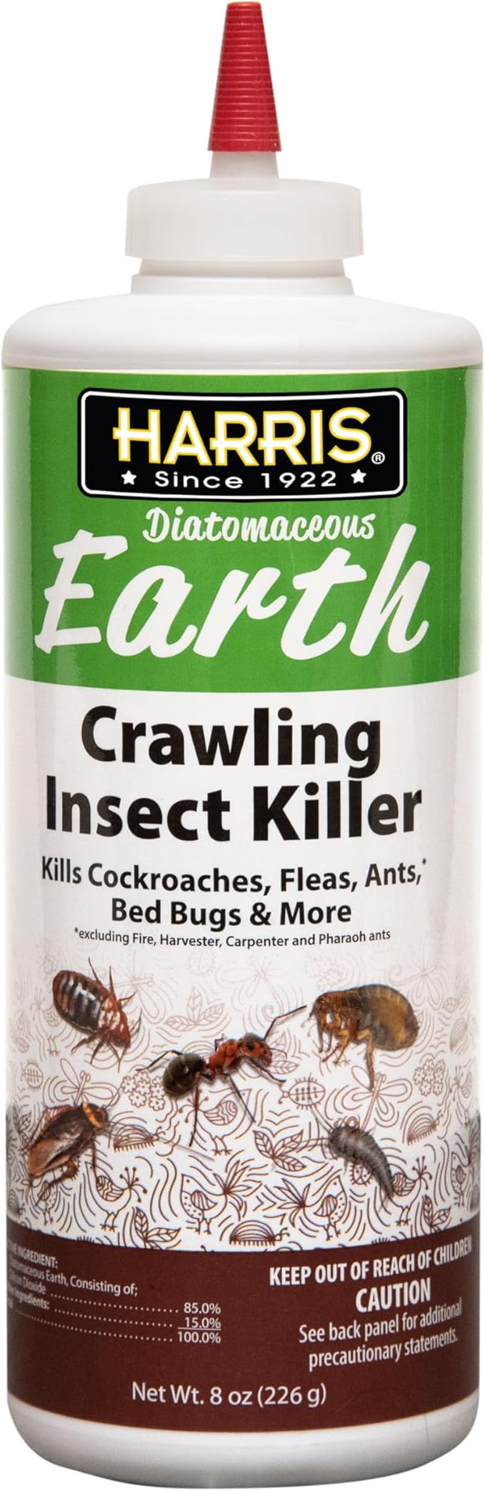 Harris 8 oz Diatomaceous Earth Crawling Insect Killer — 100% Natural Dust for Ants, Roaches, Bed Bugs, Fleas — Indoor & Outdoor Use