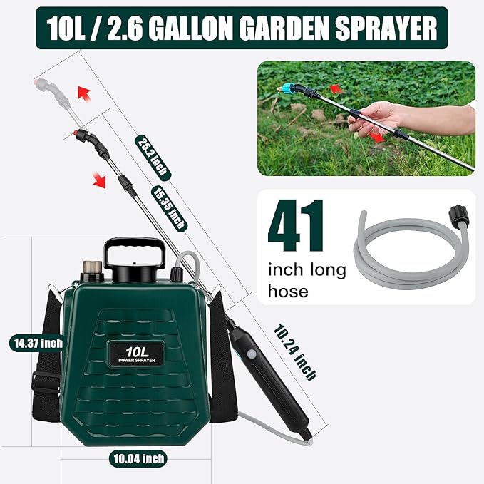2.6 Gallon Battery Powered Garden Sprayer, Electric Sprayer Weed Yard Lawn Sprayers with 3 Mist Nozzles, USB Rechargeable Handle & Retractable Wand & Adjustable Strap (Green)