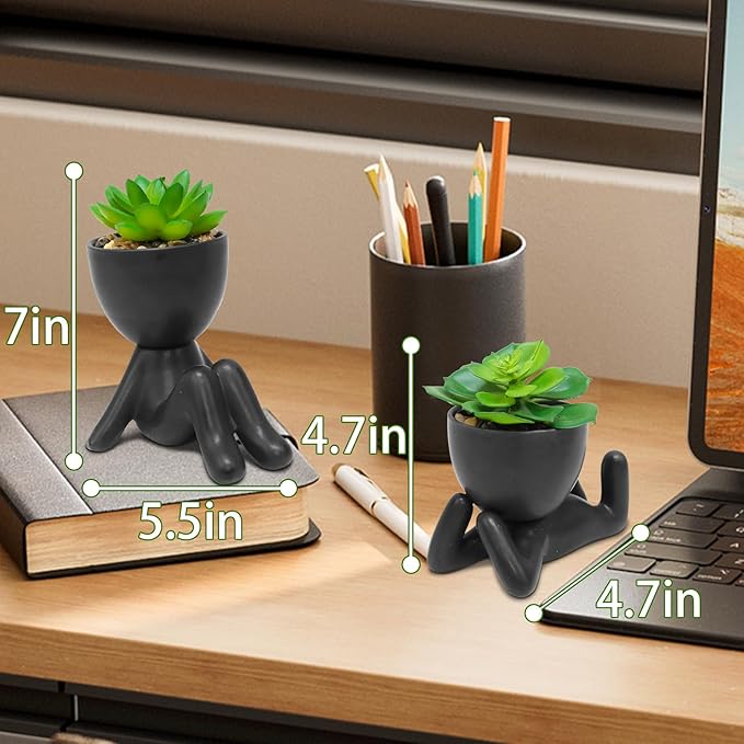 Zerzsy 2PCS Cute Artificial Succulent Plants with Black Human Shaped Pots, Fake Succulents Desk Decor Plant, Mini Potted Planter for Office Decor Desktop Bathroom Decor