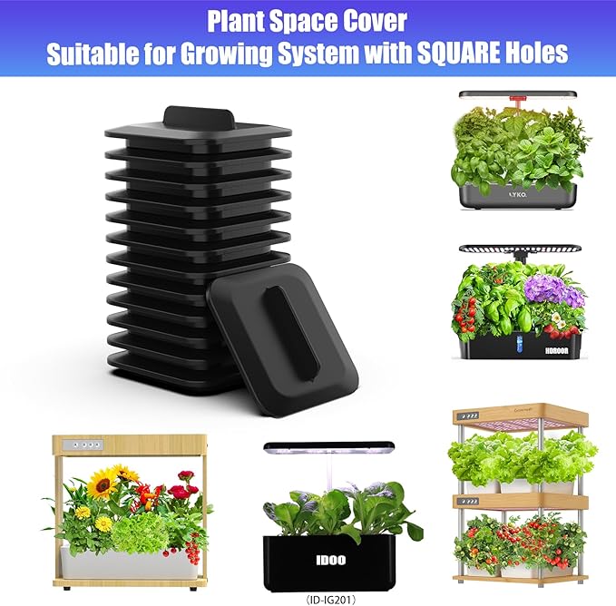 Plant Spacer Kit Compatible with Idoo, LYKO, QYO for Square Seed Pods, Grow Plant Deck Openings for Indoor Hydroponic Growing System, Square Spacer Cover Lid Accessories, Square (Black, 12Pack)