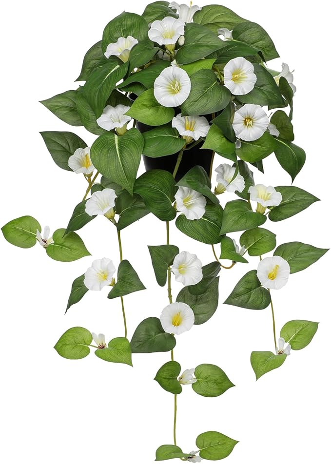 Briful Artificial Hanging Flowers in Pot 25.6" Faux Silk Morning Glory Flower Vine with Cascading Greenery Fake Hanging Plants for Home Office Bathroom Table Shelf Decor(White)