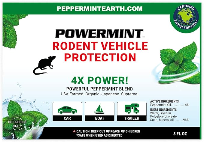 Powermint 8 Oz Peppermint Oil Rodent Vehicle Protection Spray - for Vehicle Engines and Interiors - Cars, Trucks, RVs, and Boats