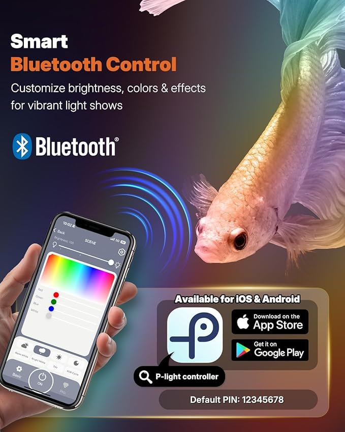 Pawfly Aquarium Light, 6 W Bluetooth Fish Tank Light, Full Spectrum Clip On Aquarium Lights for 1-5 Gallon Tanks, USB 24/7 LED Lights with Timer & Adjustable Brightness (Adapter Not Included)