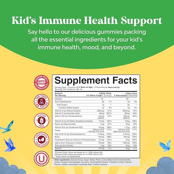 Plant Based Kids Multivitamin Gummies - Multivitamin for Kids Immune Support with Vitamins A, C, D3, E, B6 & B12, Zinc & Iodine - Children's Vitamins Chewable Formula for Strong Health - 90 Count