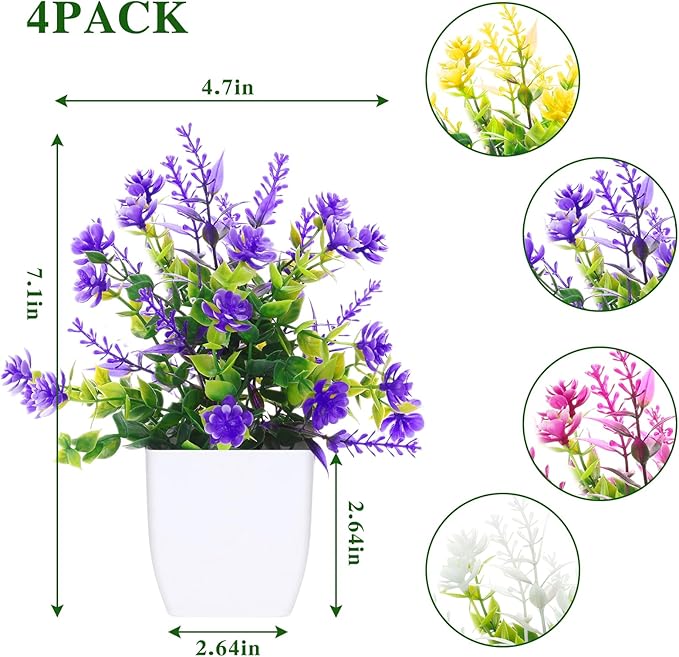 CEWOR Fake Flowers 4 Packs Faux Potted Flower Lavender with Eucalyptus Flowers Small Decorations for Spring Desk Bathroom Office Home Room Table Decor Indoor Outdoor