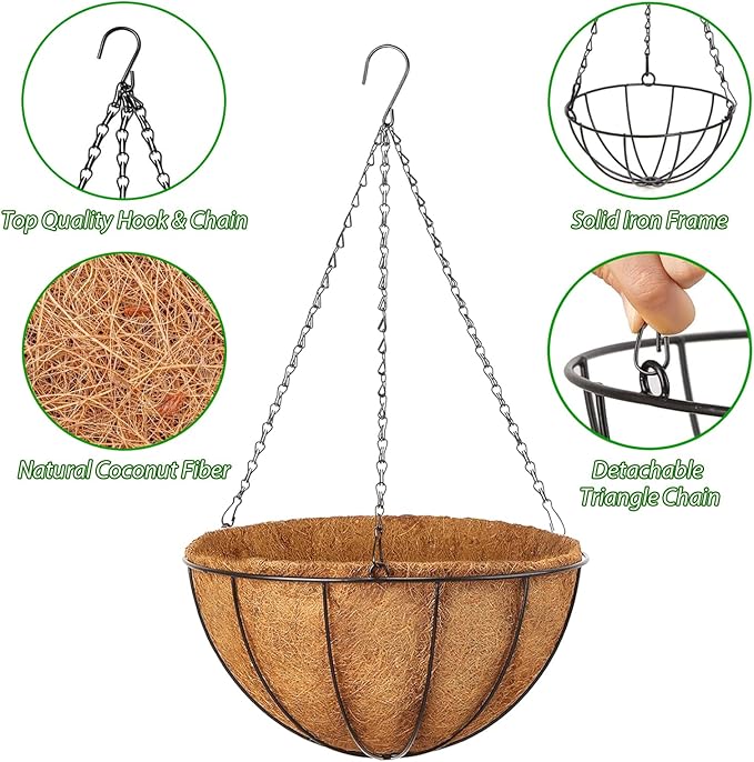 LCHUANG Hanging Baskets Planter for Plants - 4 Pack 12 Inch Metal Baskets with Coco Coir Liner, Hanging Flower Pots for Outside with Chain, Indoor Outdoor Garden Porch Decoration (12'' Pack of 4)