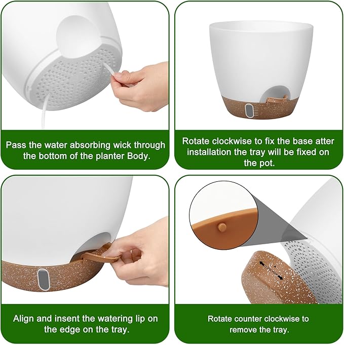 QRRICA Plant Pots 8/7/6.5/6/5.5/5 Inch Self Watering Pots, with Drainage Holes and Saucers,Water Level Indicator & Deep Reservoir,Large Plastic Planter for Indoor Out Door Plants (White)