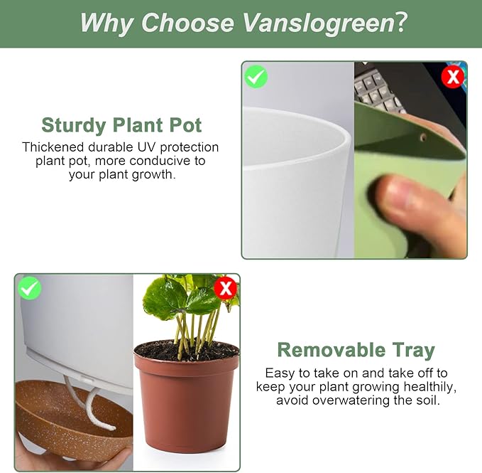 Vanslogreen Planters for Indoor Plants, 10/9/8 Inch Self Watering Plant Pots with Drainage Hole, Plastic Planters Flower Pots for Indoor Outdoor Plants (White)