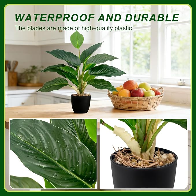 2 Pack Artificial Potted Plants, 16" Fake Plants Indoor in Black Pots for Home Bathroom, Office Desk, Shelf - Realistic Faux Greenery for Living Room, Kitchen, Farmhouse Decor