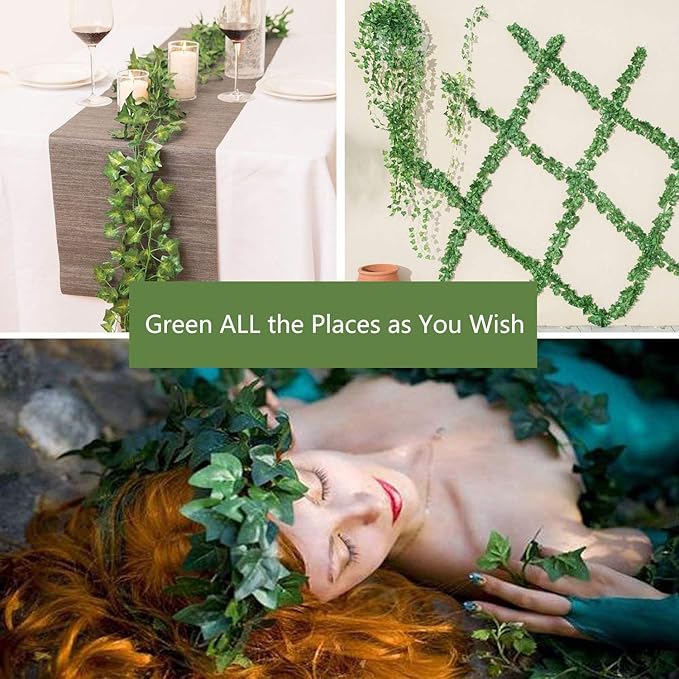 12 Pack Fake Vines for Room Decor Artificial Ivy Garland with Clip Green Flowers Hanging Plants Faux Greenery Leaves Bedroom Aesthetic Decor for Home Garden Wall Wedding
