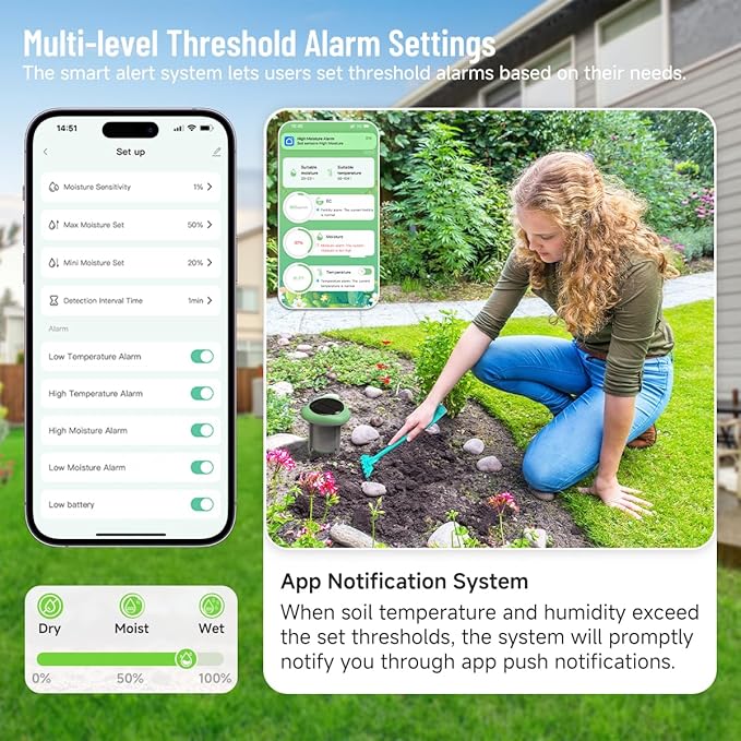 Smart 3-in-1 Soil Moisture/Temperature/Fertility Meter for Plant, Digital Soil Sensor with Tuya/Smart Life APP Push Notification, GreenVation Soil Test Kit for Garden/Farming/Lawn