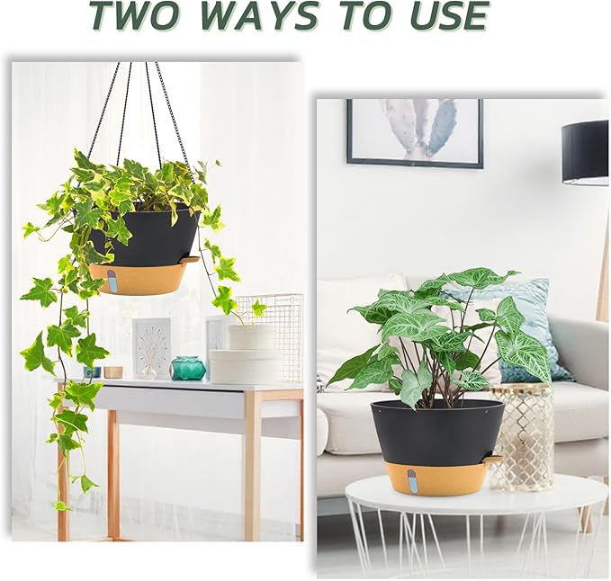 ZMTECH 2 Pack 12 Inch Hanging Planters for Indoor Plants, Large Gray Self Watering Hanging Planter with Water Level Window, Drainage & Adjustable Chain, Outdoor Flower Pots for Patio