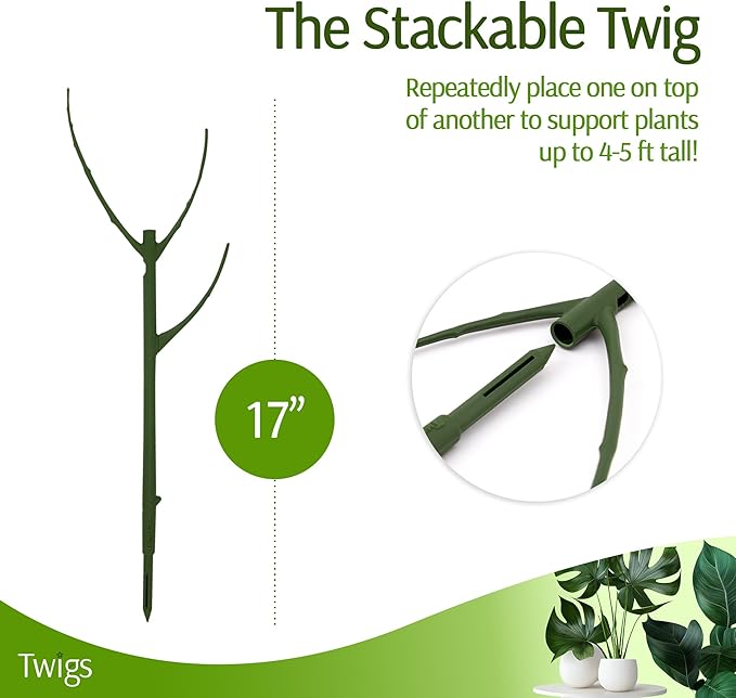 Twigs GA - Stackable Plant Support Stakes, Indoor & Outdoor Houseplant Stem Support, Garden Accessories, Trellis Alternative for Climbing & Potted Plants - Monstera (Dark Green), 10 Pack, 17" L