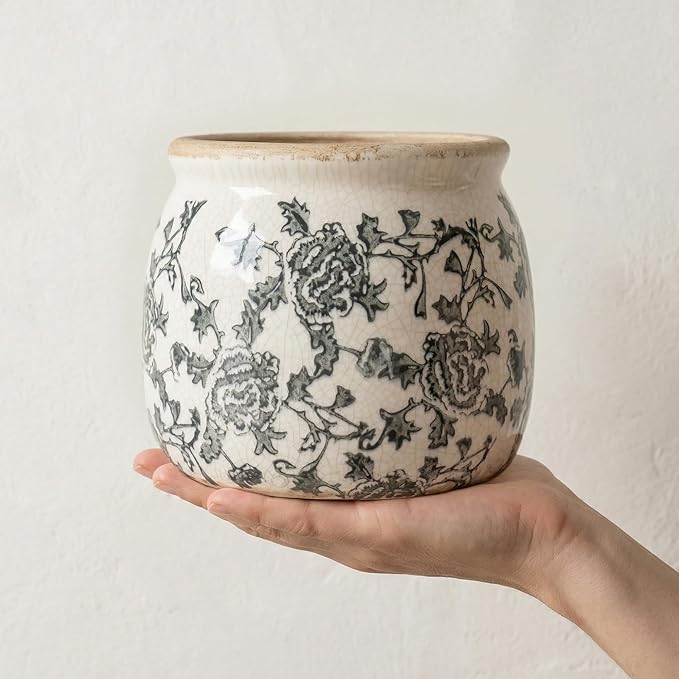 DREAMLOOM Vintage Ceramic Planter for Indoor Plants,6.1" Ice Crack Cottage Scroll Vase Tuscan Decor Flower Pots with Drainage Holes Home Kitchen Farmhouse Antique Decorative Gift (Grey-Round)