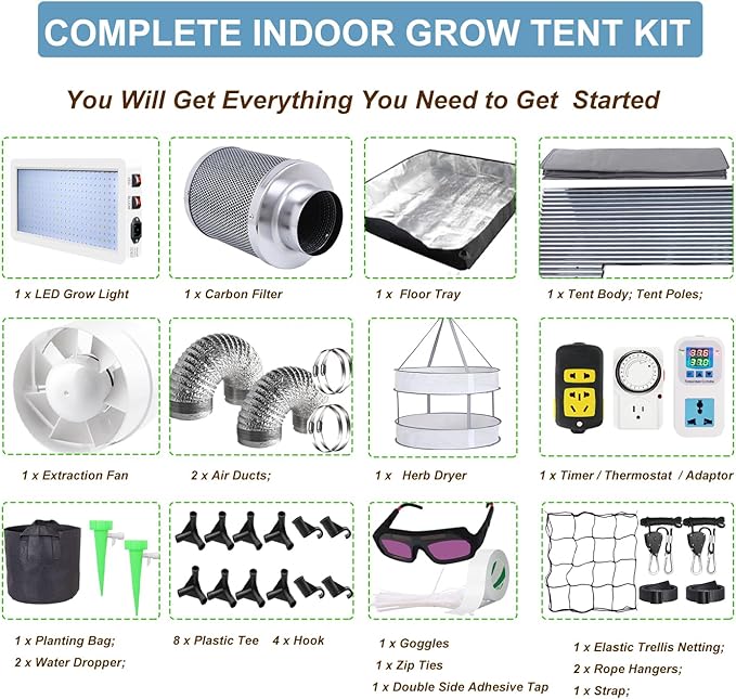 4x4 Grow Tent Kit, Complete High Reflective Mylar Indoor Grow Tent 48"x48"x80"+ LED Grow Light Combo, Hydroponics Indoor Plant Growing Tent System with Carbon Filter