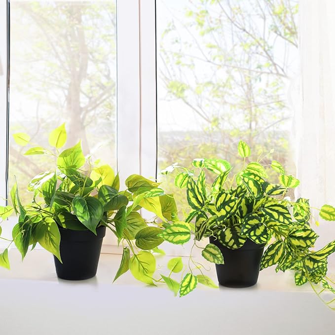 AceList 2 Pack Fake Plants, Artificial Plants for Home Decor Indoor, Realistic Fake Watermelon Leaves with Black Pot for Bedroom Living Room Shelf Outdoor Office Decor