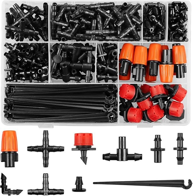 Drip Irrigation Fittings Kit for 1/4 Inch Tubing, 240 Pcs 1/4" Drip Line Barbed Connectors for Drip Systems - Nozzles,Micro Drips,Single Barbs,Tees,Couplings,Cross,End Plugs,Elbows,Hose Stakes