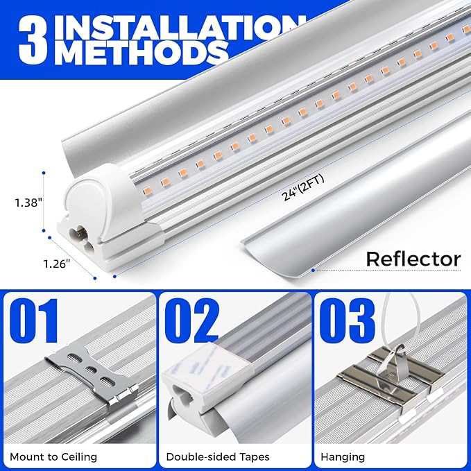 Barrina 2FT T8 Grow Light, 144W(6 x 24W), 800W Equivalent, Full Spectrum, Sunlight Plant Light, LED Grow Light Bulbs, for Indoor Plant Growing, with V-Shaped Reflector, Pinkish White, 6-Pack