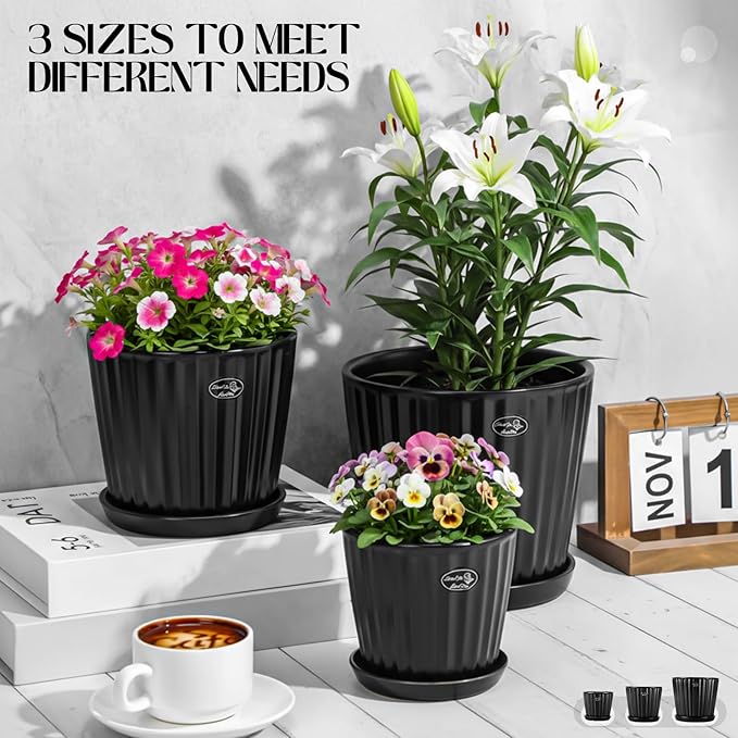 3 Pcs Ceramic Plant Pots 7.3/6/4.7 Inch Ceramic Flower Pot with Drainage Hole and Saucer Decorative Planter Indoor Outdoor for Gardening Home Desktop Office Windowsill Decoration Gift(Black)