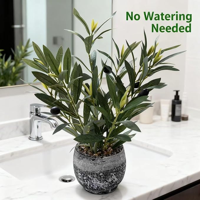 Indoor Faux Olive Plant 12 inch Artificial Silk Leaves in Elegant Planter Perfect Fake Olive Branches with Realistic Trunk and Lifelike Fruits Tabletop Greenery Decor for Home Office