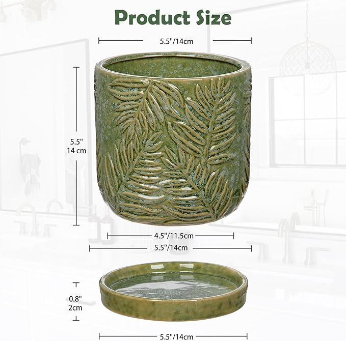 GnFlus 5.5 Inch Ceramic Planter Pots with Drainage Holes, Saucers for Indoor-Outdoor Plants, Succulent Orchid Flower Large Round Plant Pot Green