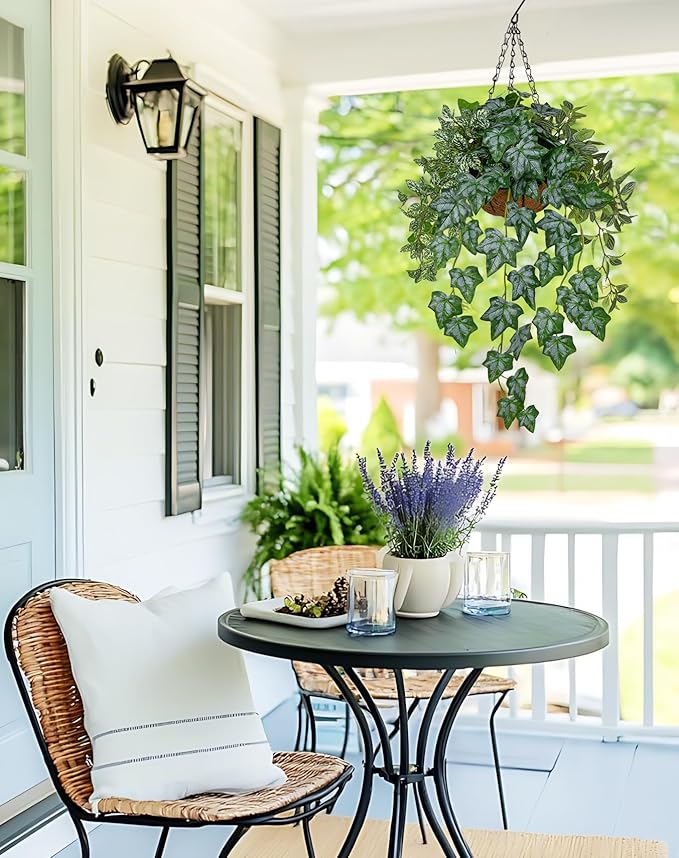 Fake Hanging Plant with Pot, Large Hanging Artificial Plants with Basket & Hanger Faux Greenery Plants Indoor Outdoor Decor Fake Ivy Vine Plant in Pot for Wall Balcony Patio Office Bathroom Shelf