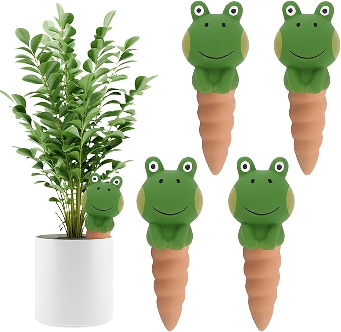 4Pcs Plant Watering Globes, Kalolary Frog Shape Self Watering Spikes Terracotta Drip Water Stakes Irrigation Watering Bulbs for Pot, Indoor, Outdoor, Vacation （Frog A）