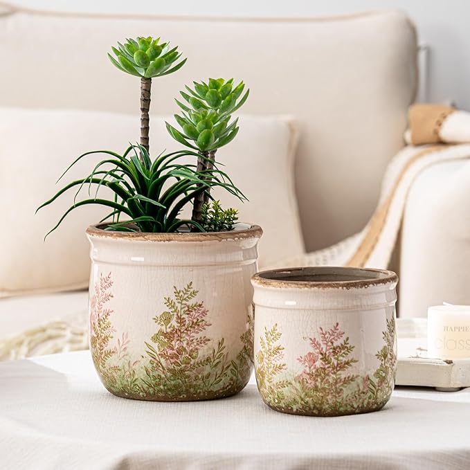 SURE YUESI Vintage Pink and Green Ceramic Planter Set of 2, 4.7+5.7 Inch Rustic Flower Pots for Indoor Plants, Decorative Ceramic Plant Pots for Home, Living Room, Garden, Gardening Gift