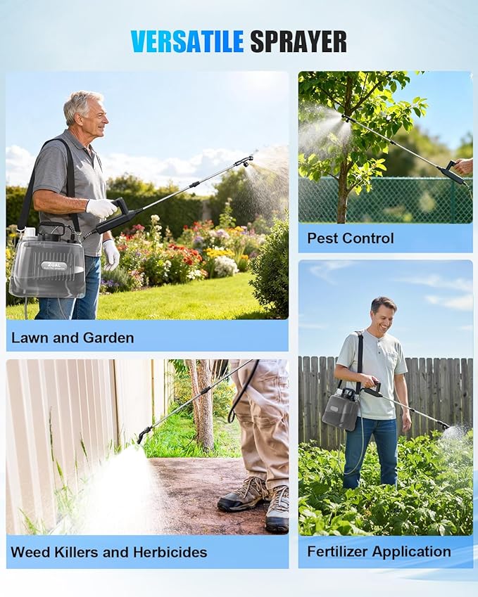 Battery Powered Sprayer 2 Gallon, Electric Weed Sprayer with 3 Adjustable Pressure Levels, 4 Nozzles & Extendable Wand, Rechargeable Garden Sprayer for Yard, Lawn, Plants & Fertilizer