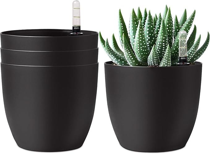 T4U 6 Inch Plastic Self Watering Planter with Water Level Indicator Black Set of 4, Modern Decorative Planter Pot for All House Plants, Flowers, Herbs, African Violets, Succulents