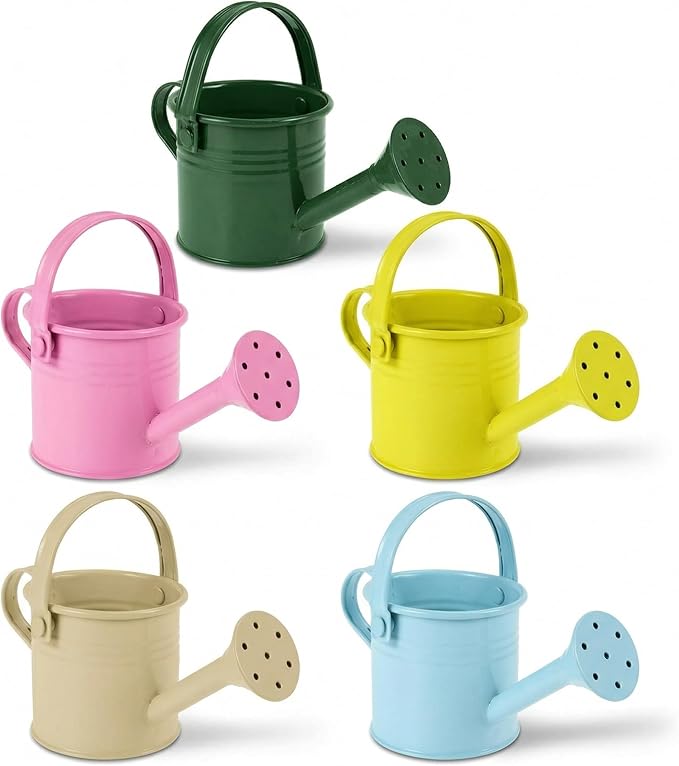 Kids Metal Watering Can for Gardening, 5pack Small Iron Watering Can for Succulents Houseplants Bonsai, Mini Water Pot for Children Sprinkling Bucket (Mixed Style: Pink, Green, Yellow, Beige, Blue)