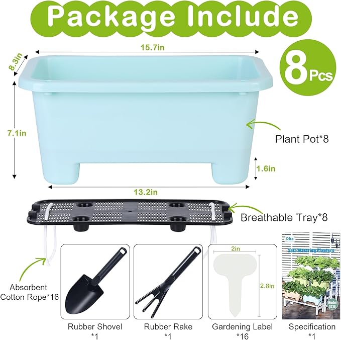 Oliz Self-Watering Rectangle Planter Boxes 8-Pack, 15.7-Inch Window Box Planter with Drainage Holes & Trays, Pots for Vegetables, Herbs, Flowers, Garden Windowsill Balcony (Sky Blue)